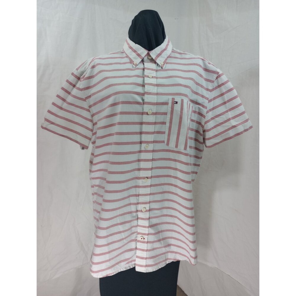 Tommy Hilfiger Pastel Pink Striped Short Sleeve Button Down Casual Summer Shirt